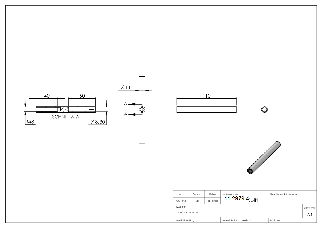 Gewindeterminal mit Innengewinde | Linksgewinde | Für Seil von Ø 8 mm |V2A