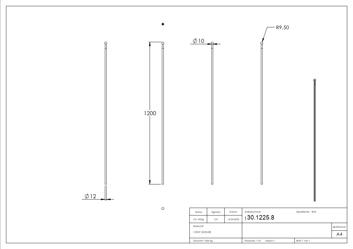 Zaunstab | Länge: 1200 mm | Material Ø 12 mm + Kugel Ø 19 mm | Stahl S235JR, roh