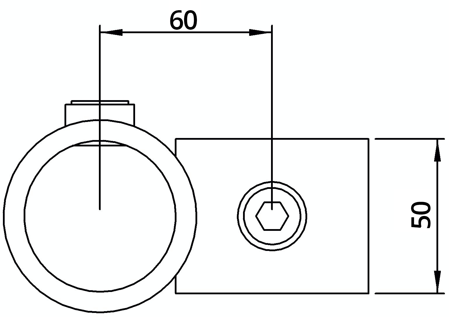 Rohrverbinder | Kreuzstück vorgesetzt 90° reduziert | 161E60/D48 | 60,3 mm; 48,3 mm | 2"; 1 1/2" | Feuerverzinkt u. Elektrogalvanisiert