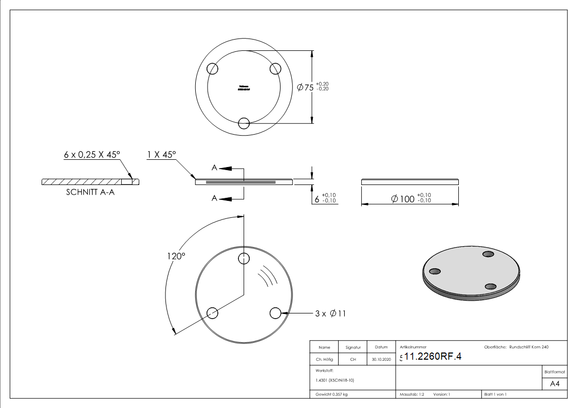 Ankerplatte | Ø 100 x 6 mm | mit 3 Bohrungen á Ø 11 mm | V2A