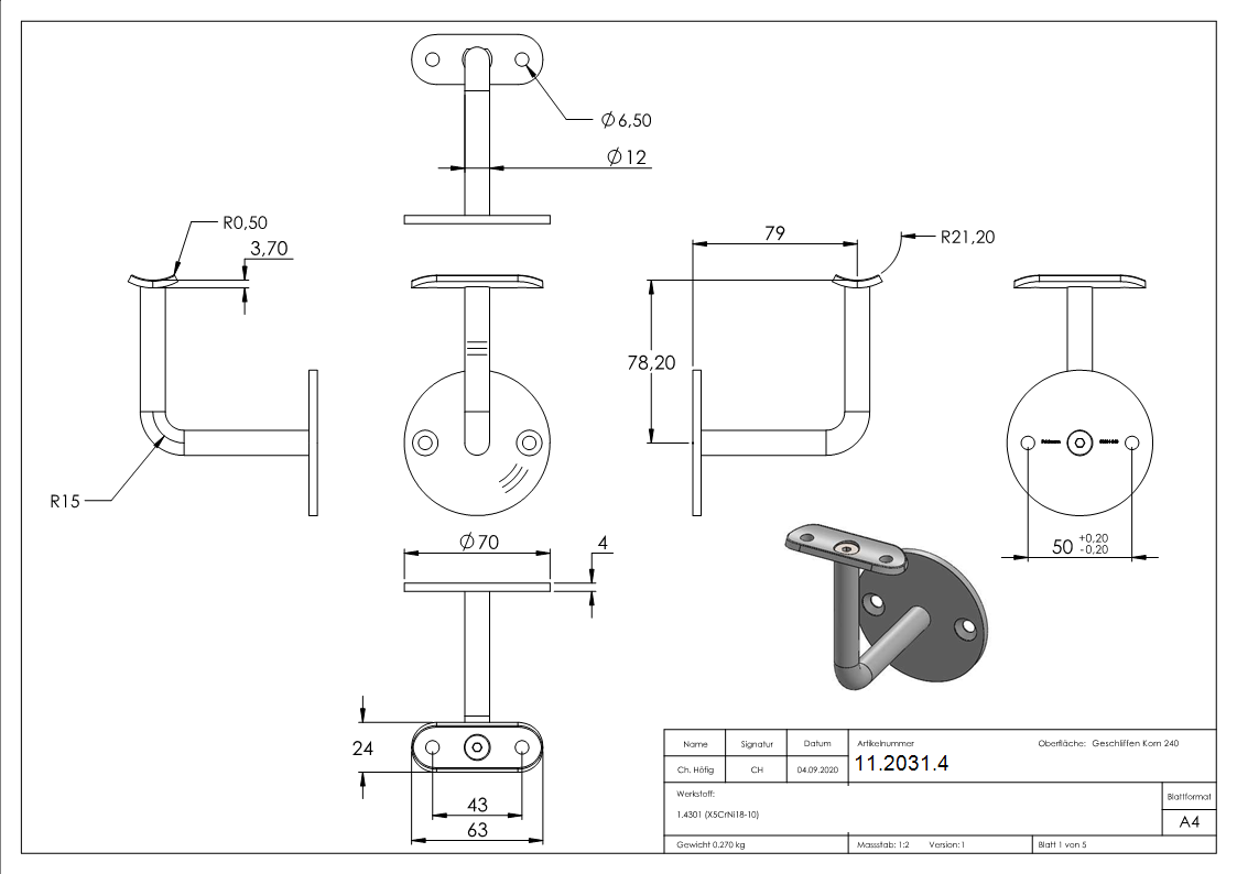 Handlaufhalter mit Ronde 70x4 mm und Halteplatte für Ø 42,4 mm V2A