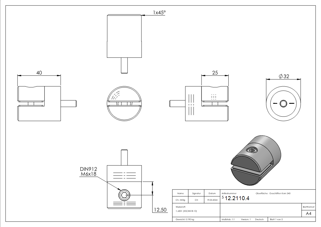 Blechhalter Ø 32 mm V2A flach/gerade