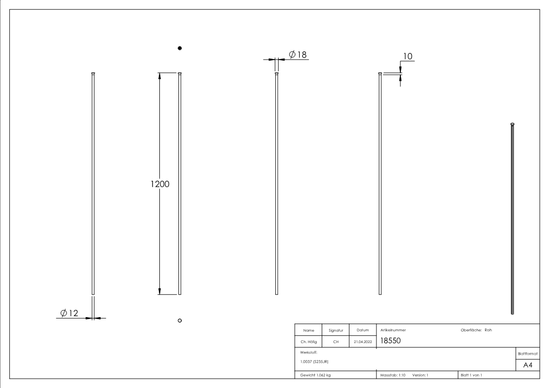 Zaunstab | Länge: 1200 mm | Material Ø 12 mm + gestauchter Kopf | Stahl S235JR, roh