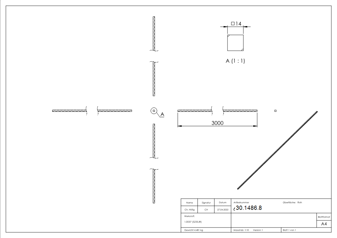 Vierkant gehämmert | Material: 14x14 mm | Länge: 3000 mm | Stahl (Roh) S235JR