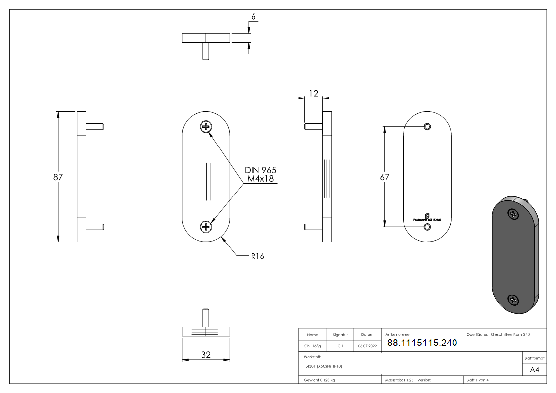 Kurzschild blind, Abmessung: 32 x 87 x 6mm, V2A