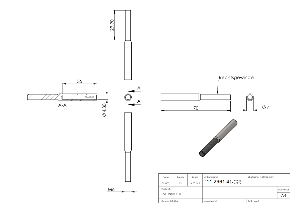 Gewindeterminal mit Außengewinde | Rechtsgewinde | Für Seil von Ø 4 mm |V2A