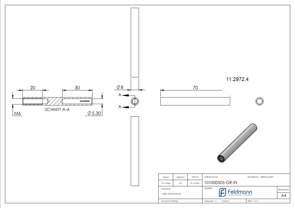 Gewindeterminal mit Innengewinde | Rechtsgewinde | Für Seil von Ø 5 mm |V2A