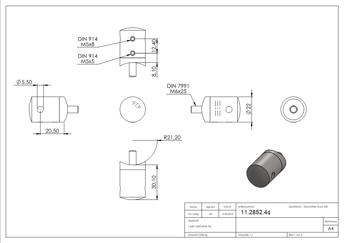 Seilhalter für Zwischenpfosten | Für Seil Ø 4 mm | Anschluss Ø 42,4 mm | V2A