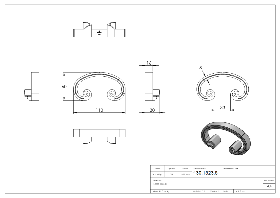 Schwerbarock | Maße: 110x60 mm | Material: 16x8 mm, gerillt | Stahl S235JR, roh