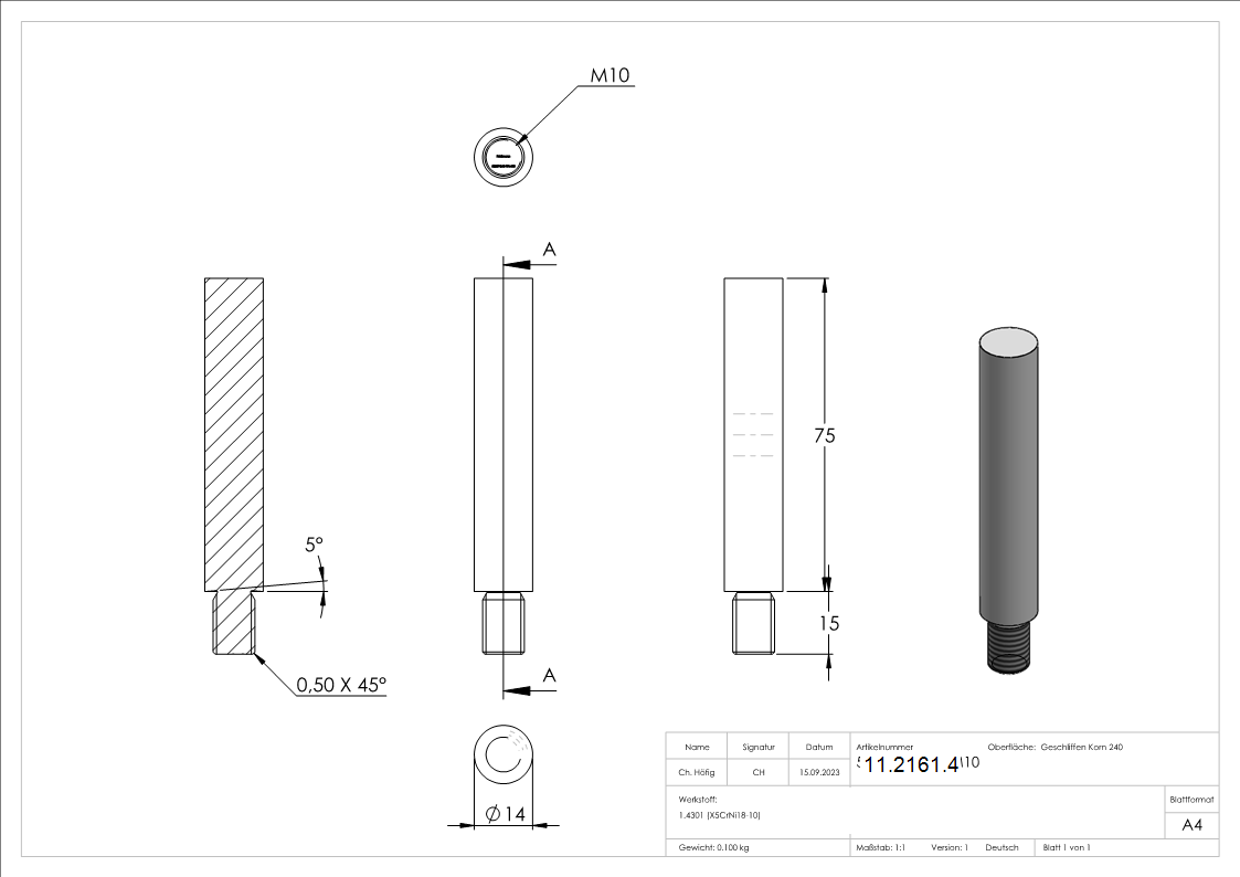 Stift | Maße: 75x14 mm | Gewinde: M10x15 mm | zum Anschweißen | V2A