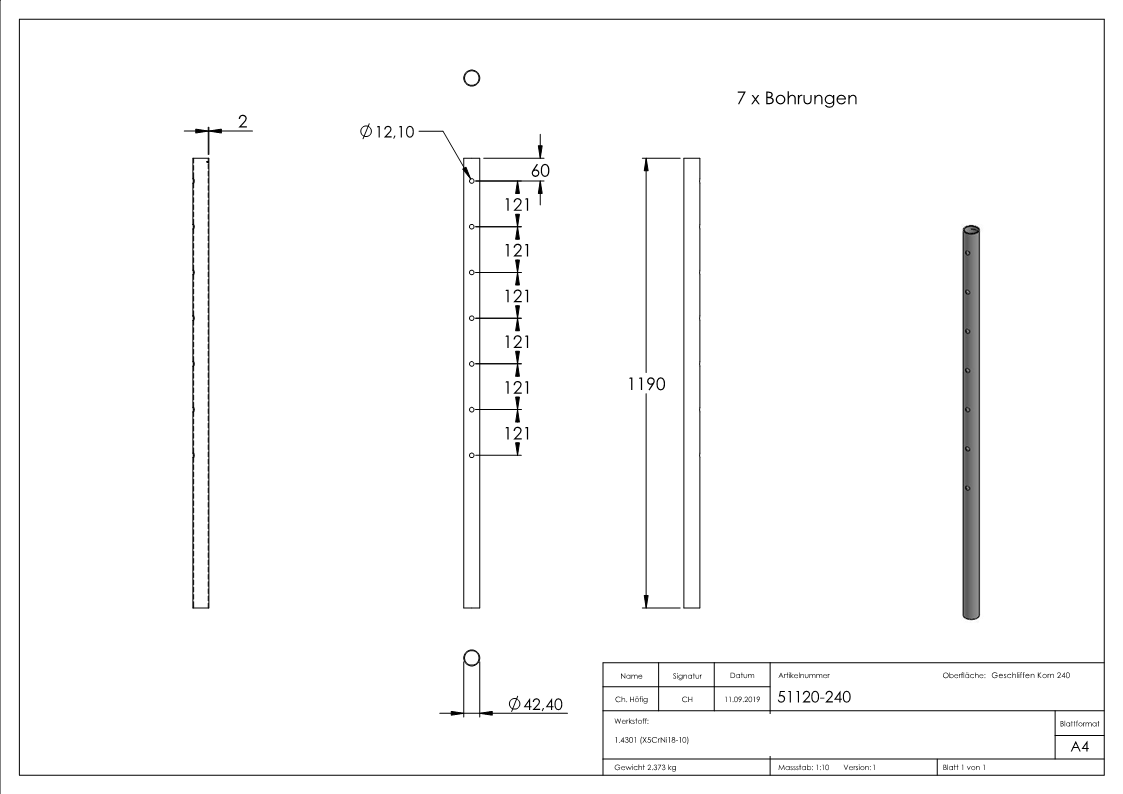 Edelstahlpfosten aus Rohr 42,4mm x 2,0mm, V2A