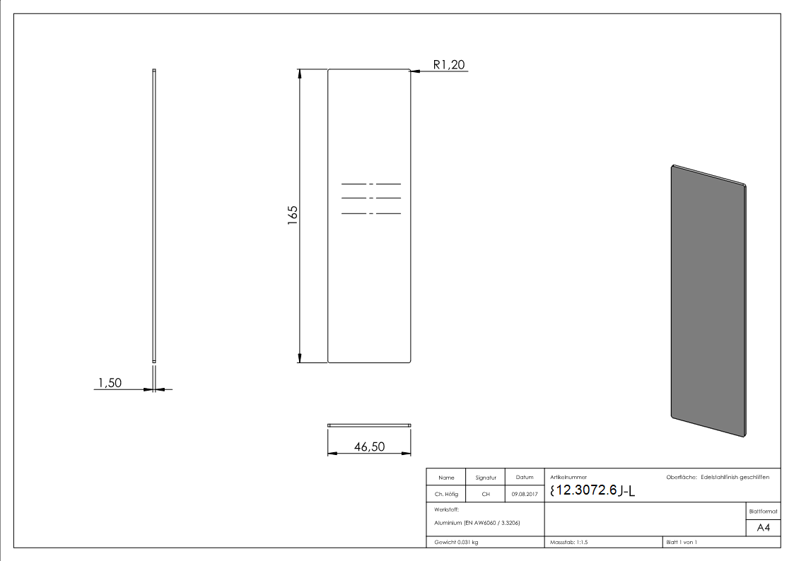 Endkappe | für Ganzglasgeländer | für Schräge bis 41° | Maße: 165x46,5x1,5 mm | Aluminium