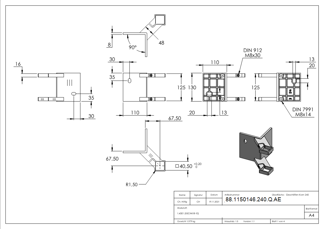 Wandbefestigung als Außenecke für Pfosten 40 x 40mm, V2A