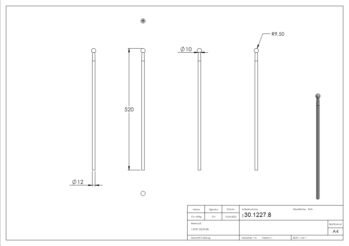 Zaunstab | Länge: 520 mm | Material Ø 12 mm + Kugel Ø 19 mm | Stahl S235JR, roh