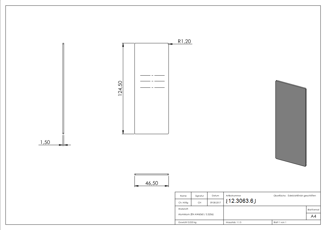 Endkappe | für Ganzglasgeländer | Maße: 124,5x46,5x1,5 mm | Aluminium