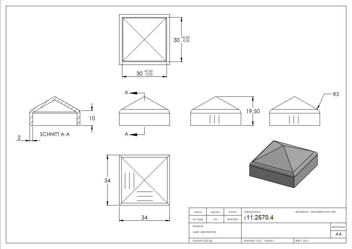 Pfostenkappe | für Vierkantrohr: 30x30 mm | V2A