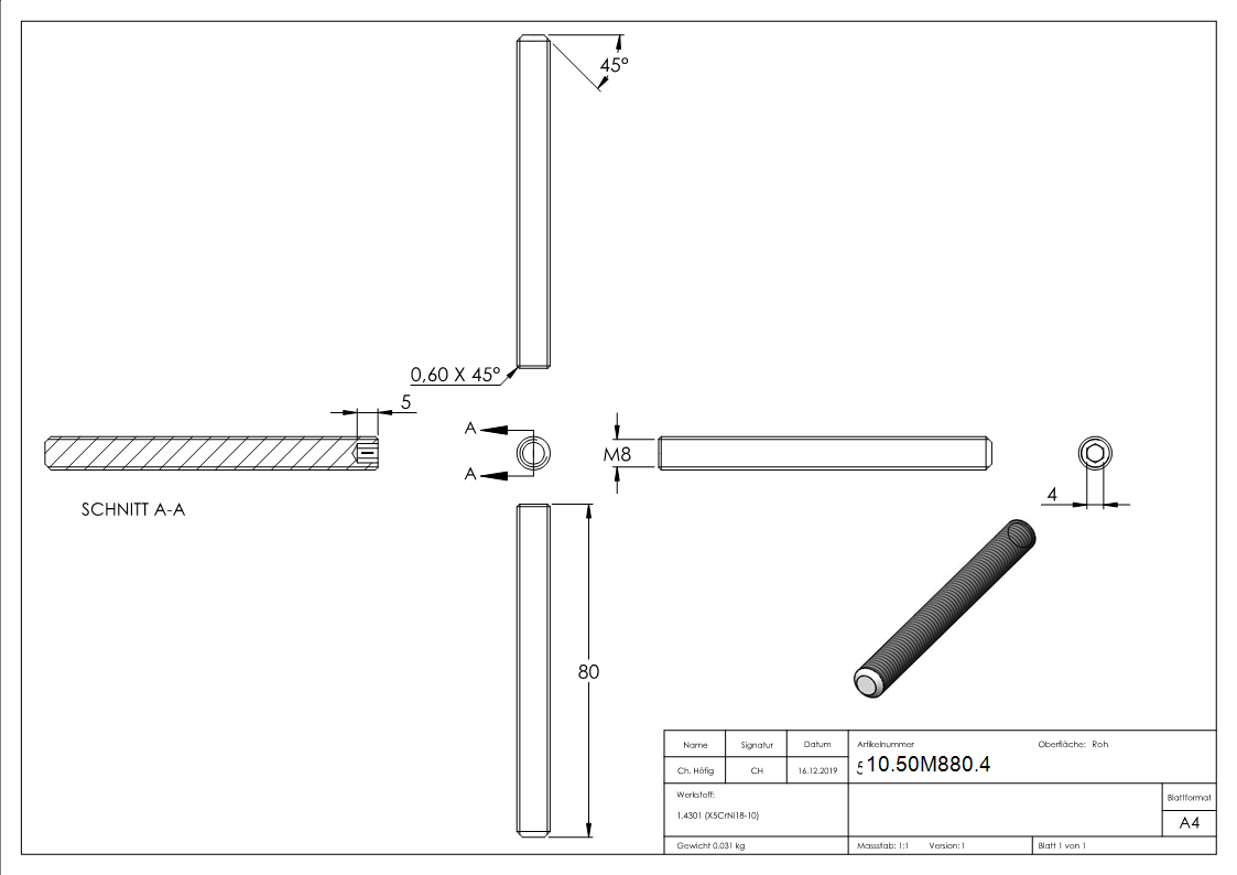 Gewindestift M8x80 mm V2A