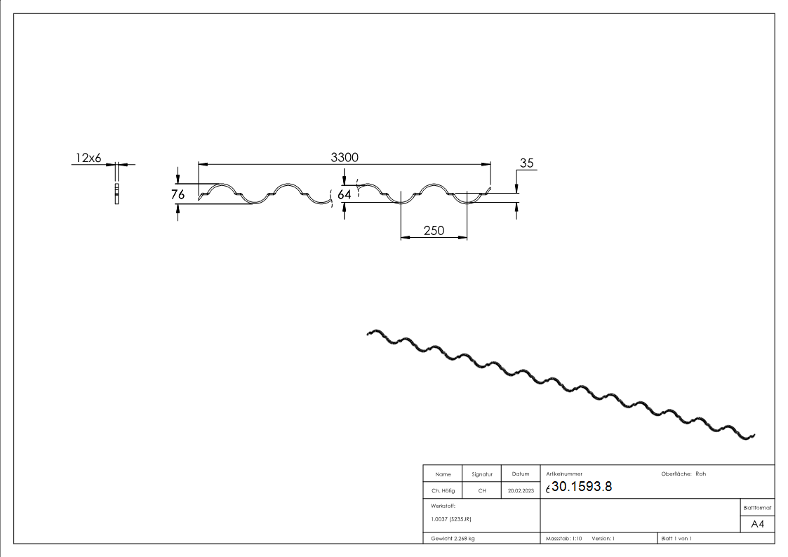 Ziergitterstange | glatt | Material: 12x6 mm, gerillt | Länge: 3300 mm | Stahl S235JR, roh