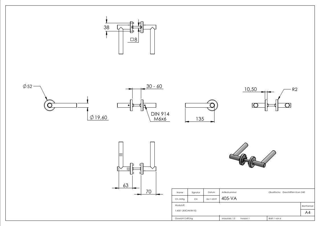 Türdrückerpaar V2A  inklusive 8 mm Drückerstift