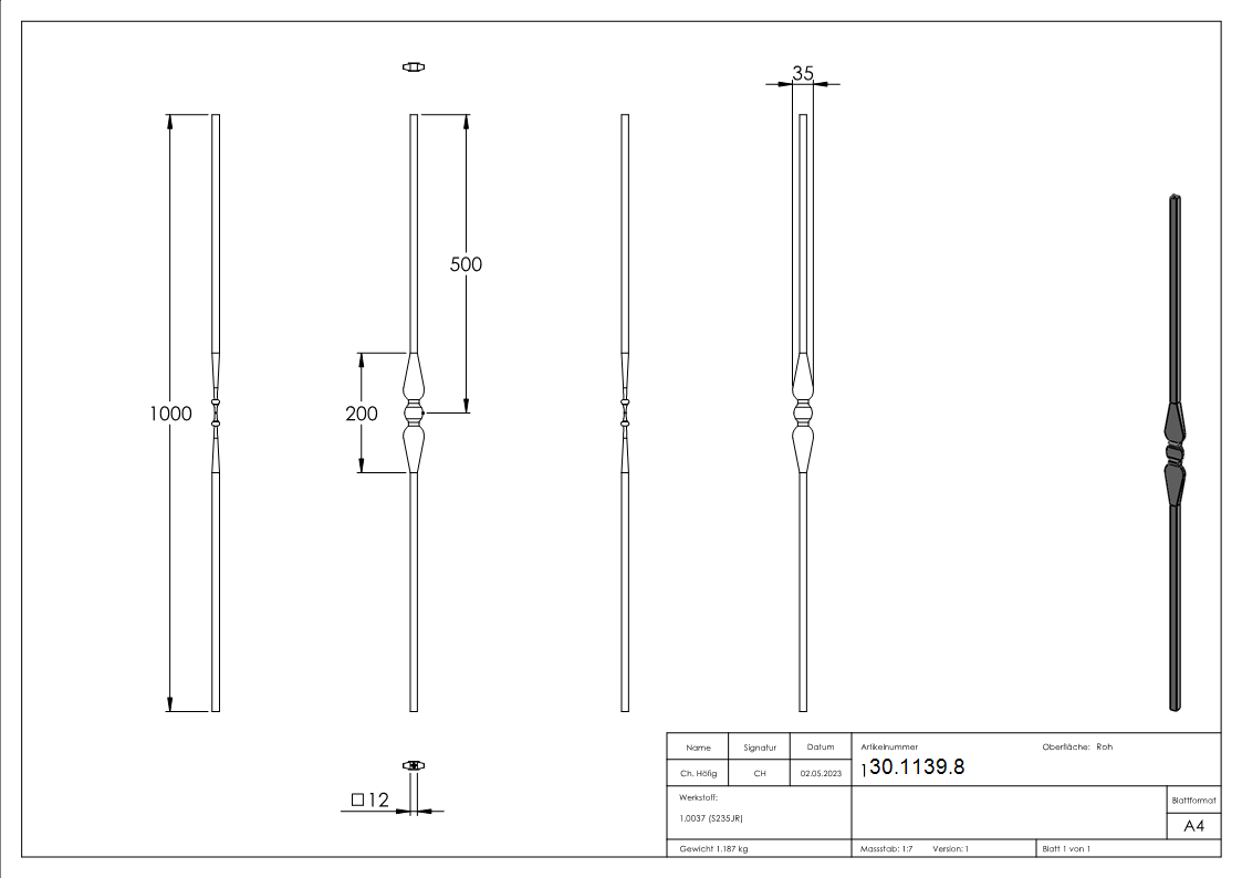 Zierstab | Länge: 1000 mm | Material: 12x12 mm glatt | Stahl S235JR, roh