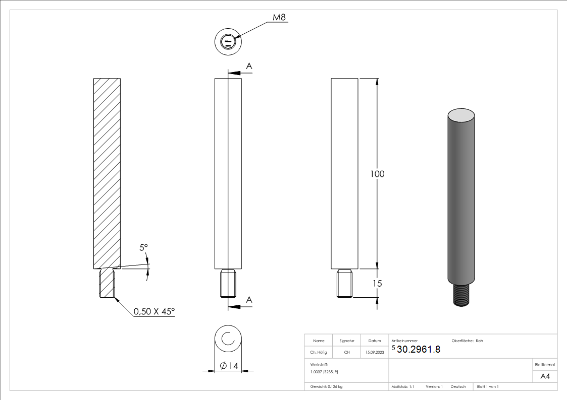 Stahlstift | mit Gewinde M8 | Maße: 100x14 mm | Stahl (Roh) S235JR