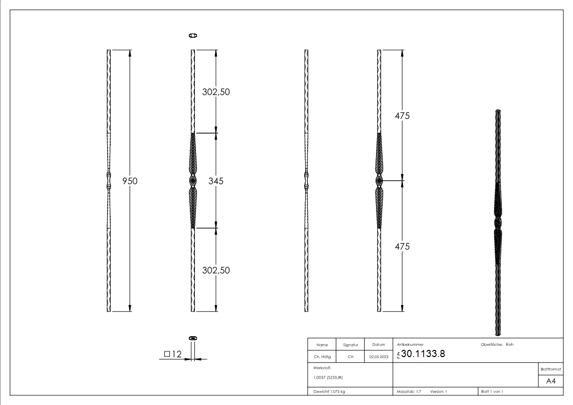 Zierstab | Länge: 900 mm | Material: 12x12 mm geschmiedet | Stahl S235JR, roh