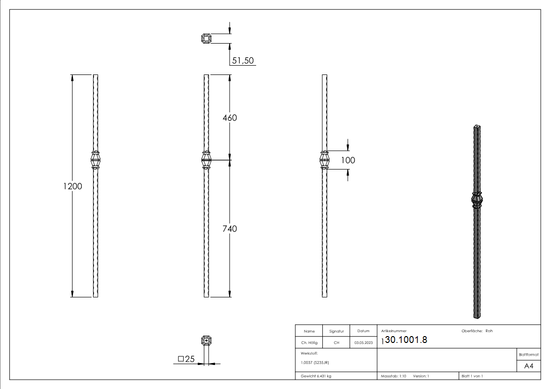 Anfangsstab | Länge: 1200 mm | Material: 25x25 mm | Stahl S235JR, roh