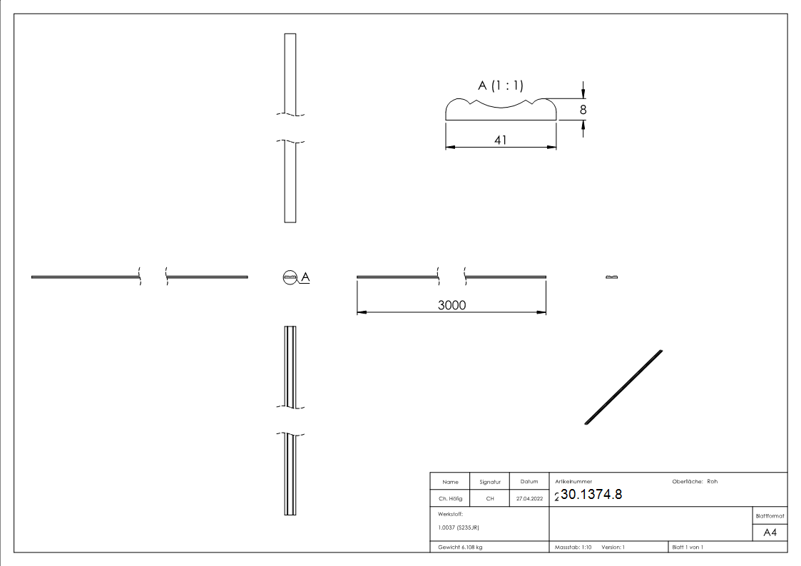 Handlauf | Material: 41x8 mm | Länge: 3000 mm | Stahl (Roh) S235JR