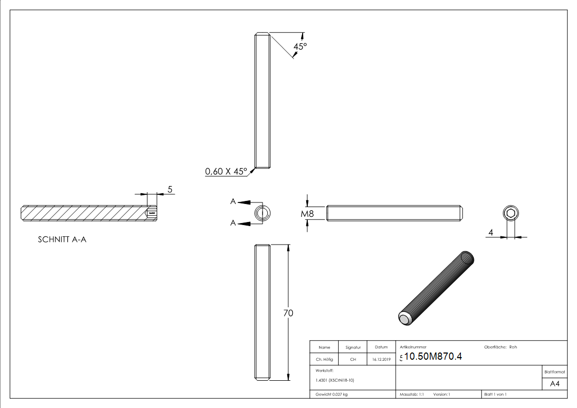 Gewindestift M8x70 mm V2A