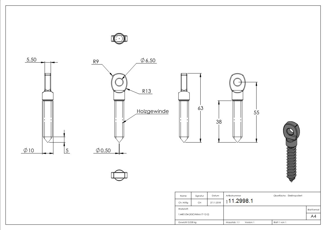 Augenschraube mit Holzgewinde M8 V4A