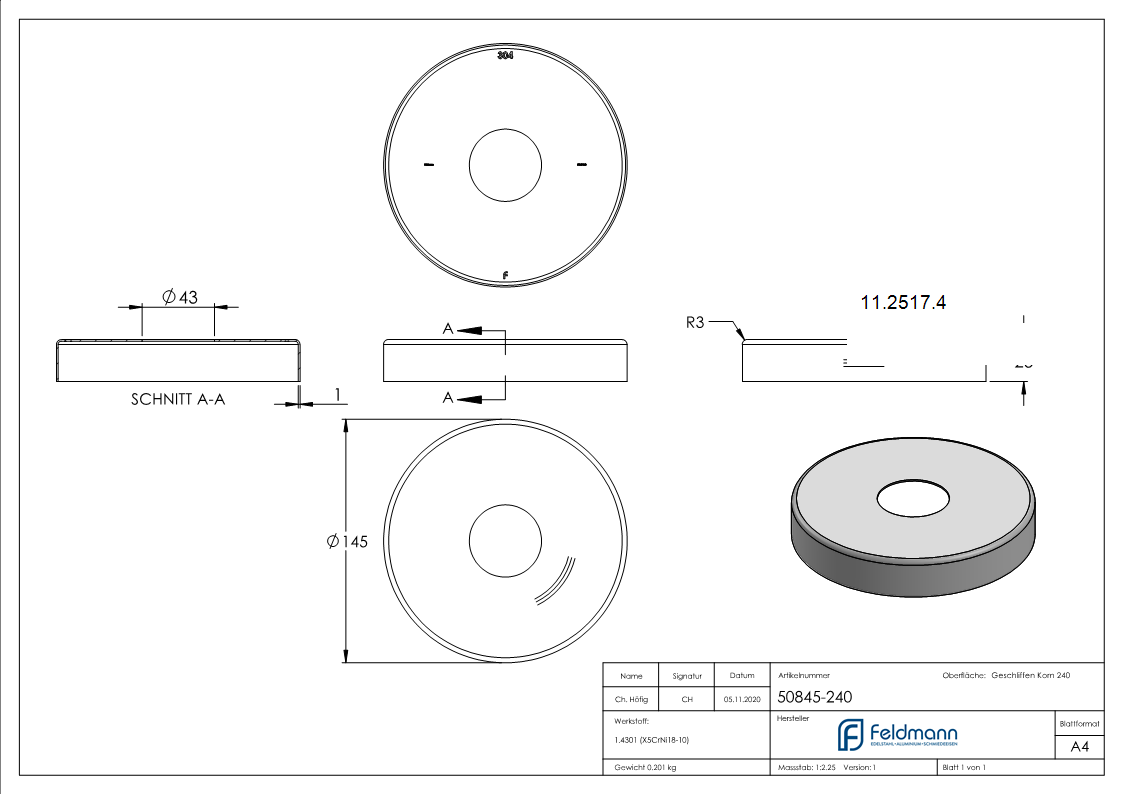 Abdeckrosette Ø 145x25 mm für Rundrohr: Ø 42,4 mm V2A