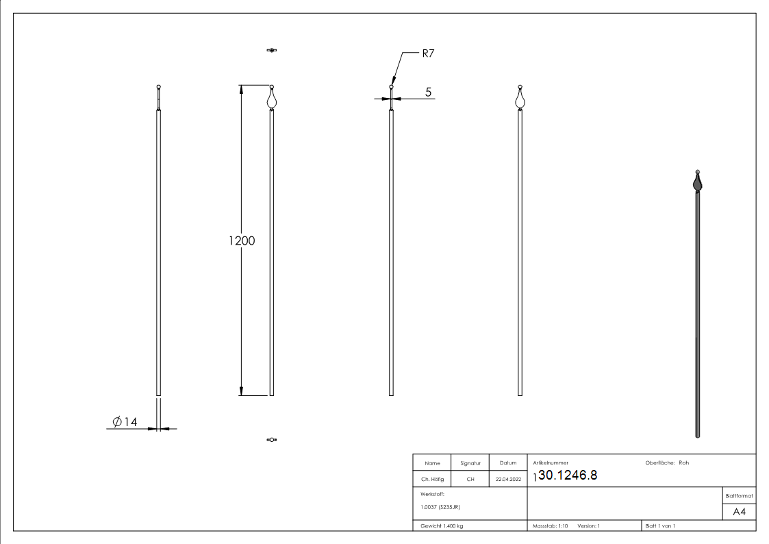 Zaunstab | Länge: 1200 mm | Material Ø 14 mm + Spitze mit Kugel | Stahl S235JR, roh