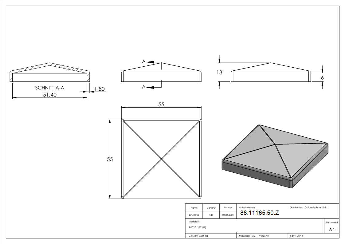 Pfeilerbedecker für Rohr 50 x 50mm, verzinkt