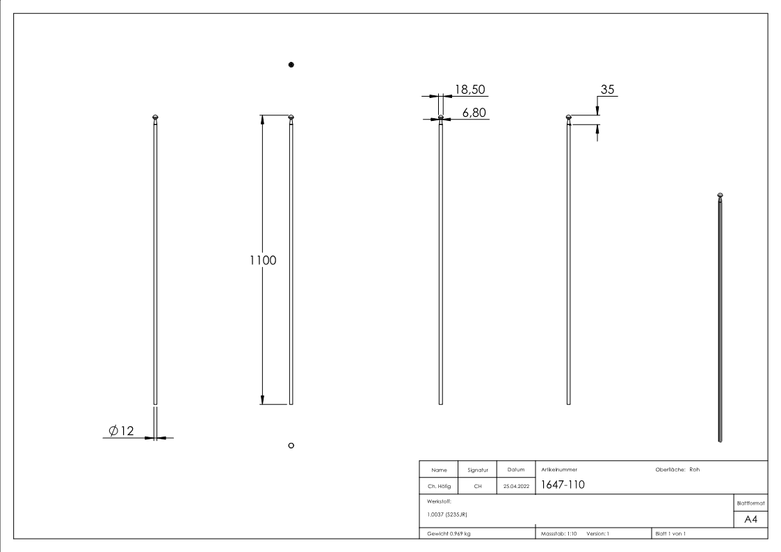 Zaunstab | Länge: 1100 mm | Material Ø 12 mm | Stahl S235JR, roh