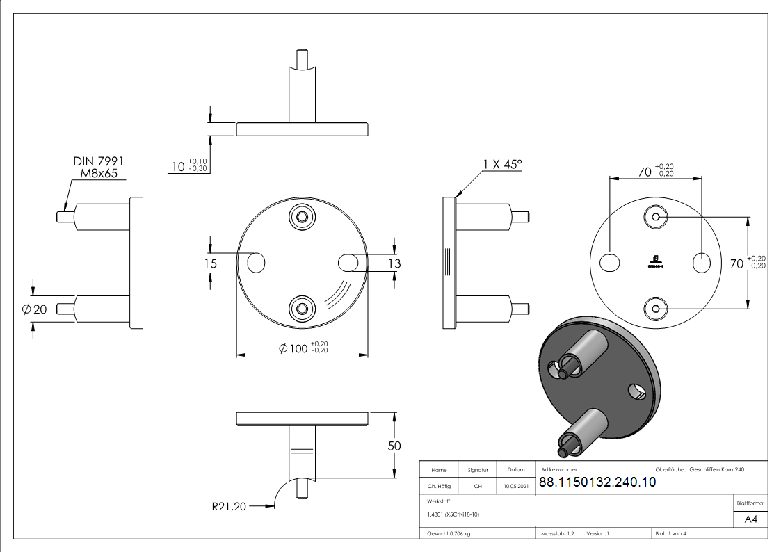 Wandbefestigung für Geländerpfosten 42,4mm