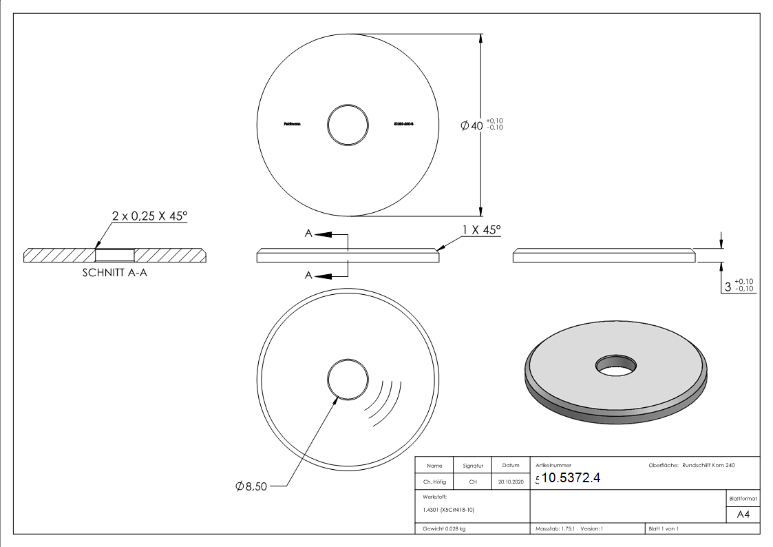 Ausgleichsstück Ø 40 mm mit Bohrung 8,5 mm V2A