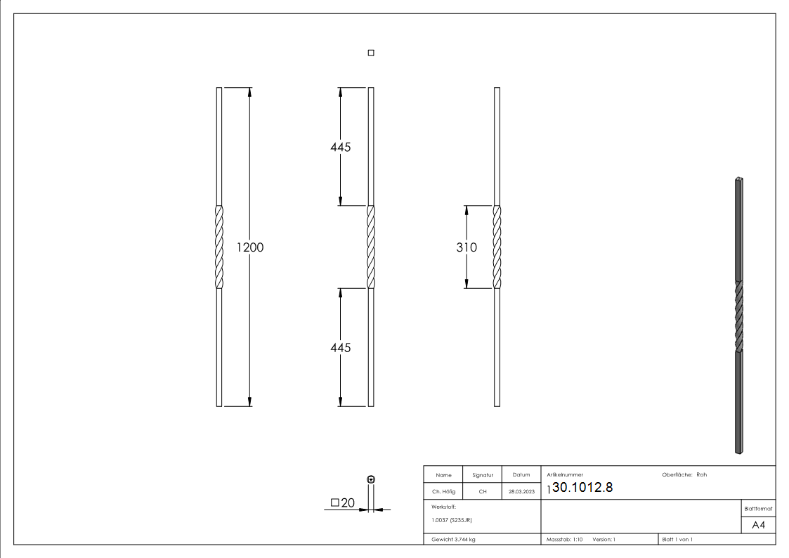 Anfangsstab | Pfosten | Länge: 1200 mm | Material: 20x20 mm | Stahl S235JR, roh